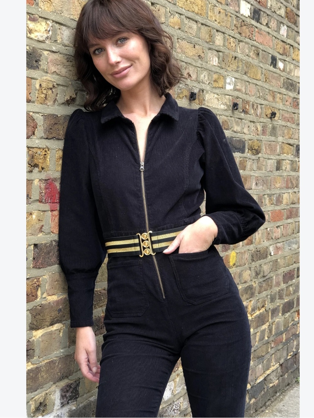 Retro Black Corduroy Long Sleeve Flared Leg Jumpsuit - Vintage Look